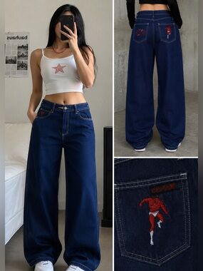 Vintage Devil Embroidered Wide Leg Jeans Women’s 30x29 Dark Wash Y2K 100% Cotton